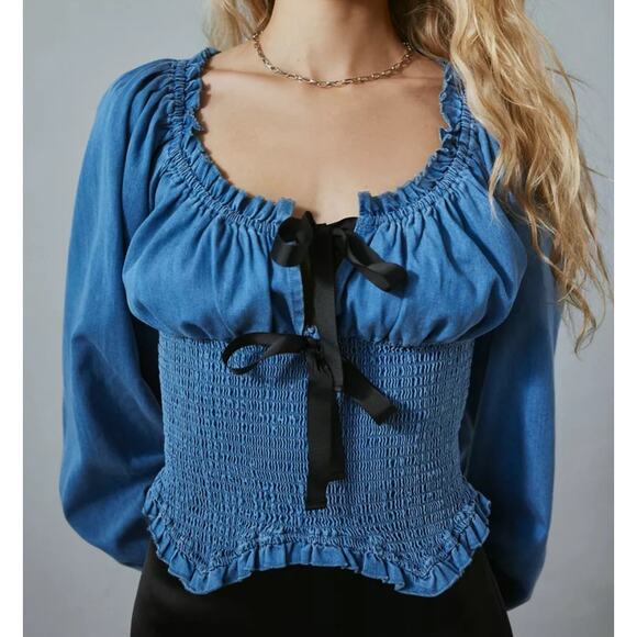 Urban Outfitters Kimchi Blue Marley Bow Front Long Sleeve Denim Blouse - Picture 1 of 11